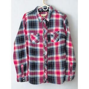 Arizona Womens Top Jr XL Plaid Flannel Blue Pink Pearl Button Western Cowgirl